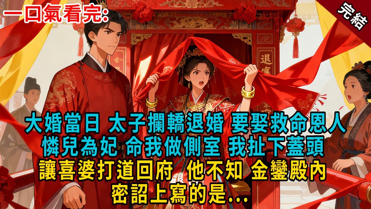 大婚當日，太子攔轎退婚，要娶救命恩人憐兒為妃，命我做側室。我扯下蓋頭，讓喜婆打道回府。他不知 金鑾殿內，密詔上寫的是...  #古言 #完結 #大女主 #愛情