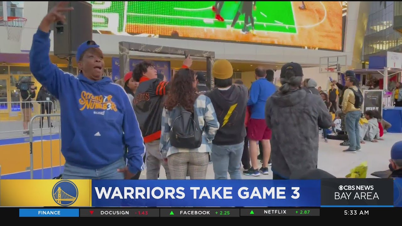 Warriors fans joyfully celebrate playoff win at Thrive City