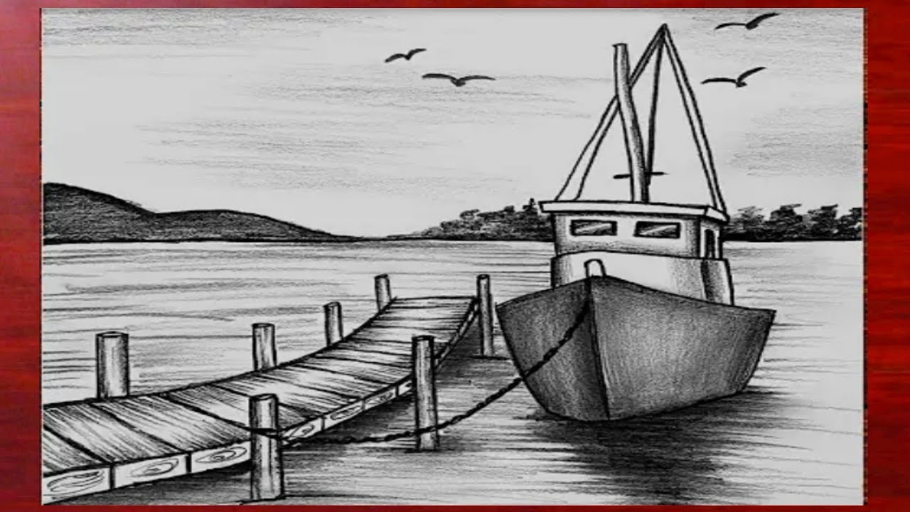 Tekne ve İskele Manzara Resmi &Ccedil;izimi - Adım Adım Manzara Nasıl &Ccedil;izilir - Karakalem Manzara &Ccedil;izimleri