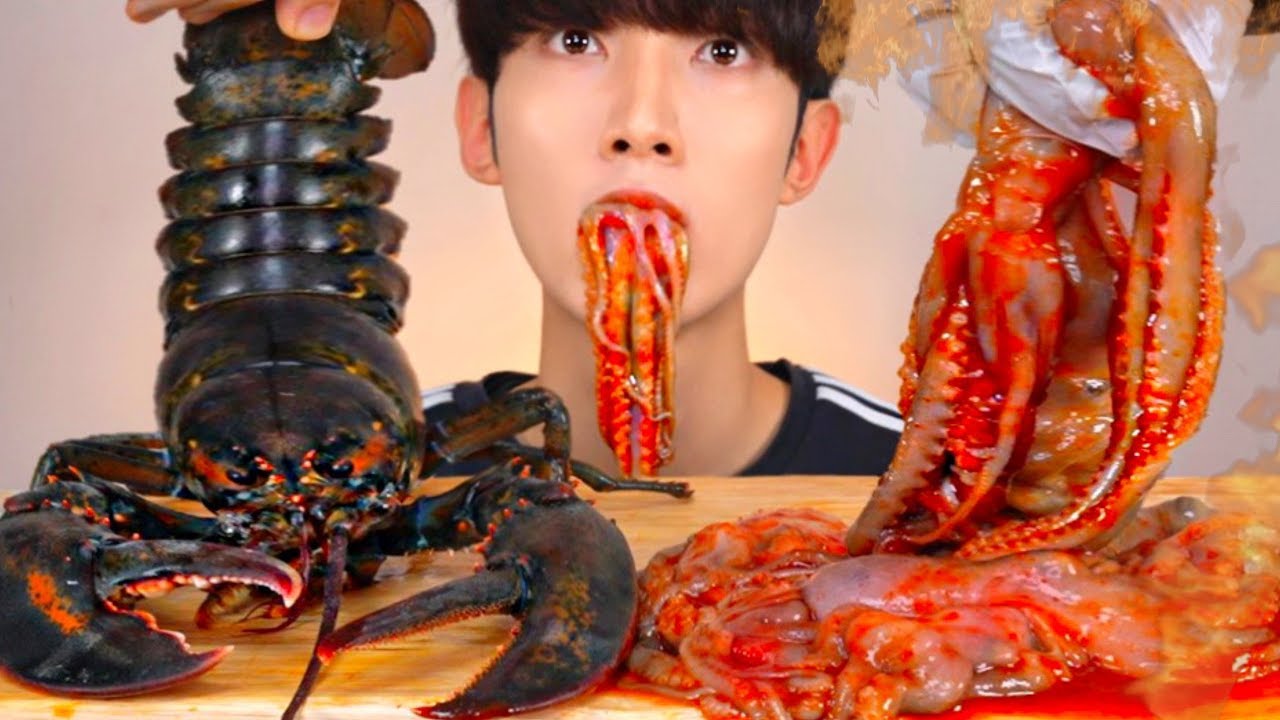 ASMR FIRE LIVE OCTOPUS LOBSTER 살아있는 꿈틀 핵불닭 산낙지 랍스터 먹방 MUKBANG SEAFOOD SQUID EATING SOUNDS 生たこ Gurita