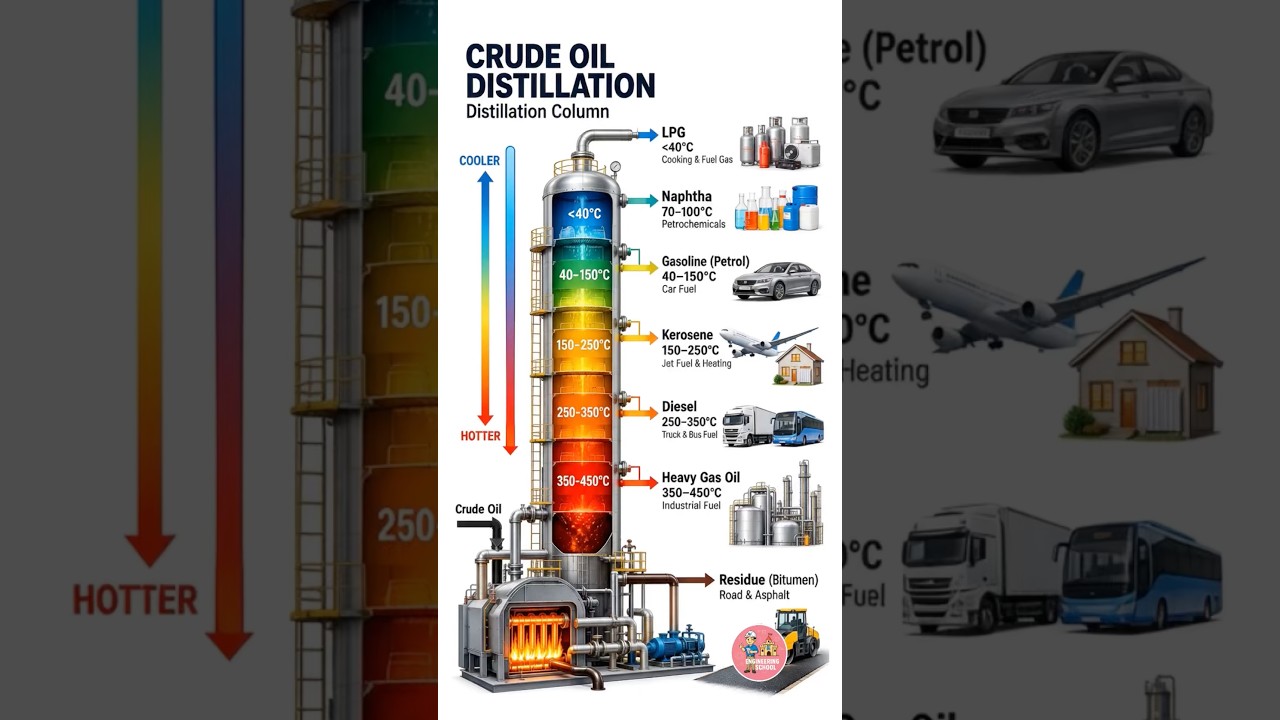 Crude Oil Distillation Process Explained 🔥| How Crude Oil Is Separated Into LPG, Petrol, Kerosene