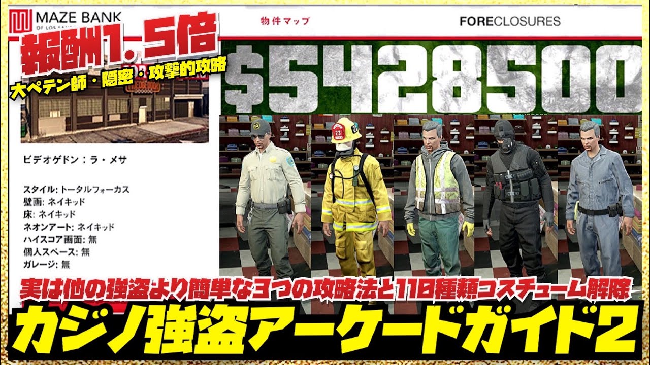 【最大540万】実は超簡単な強盗で大量コスチューム解除・初心者講座カジノ強盗アーケードガイド２・攻撃的・大ペテン師・隠密攻略・GTAオンライン