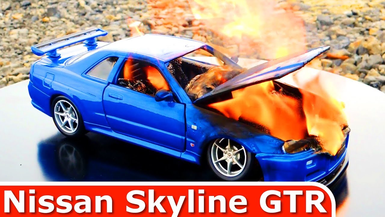Burning My Nissan Skyline R34 GTR - The Car Is On FIRE - Why? - Just A Model Toy Car Kids