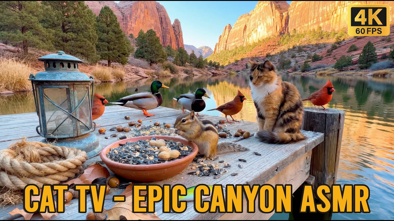 Cat TV for Cats to Watch 🏜️ Majestic Red Rock Canyon River & Chipmunk - 8 Hours