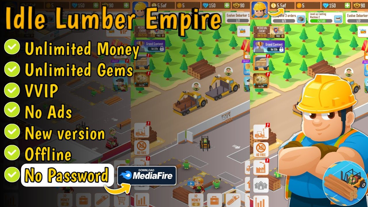 Idle Lumber Empire MOD v1.11.11 New version | Unlimited Money (coins) + Gems, VVIP, Free Upgrade 