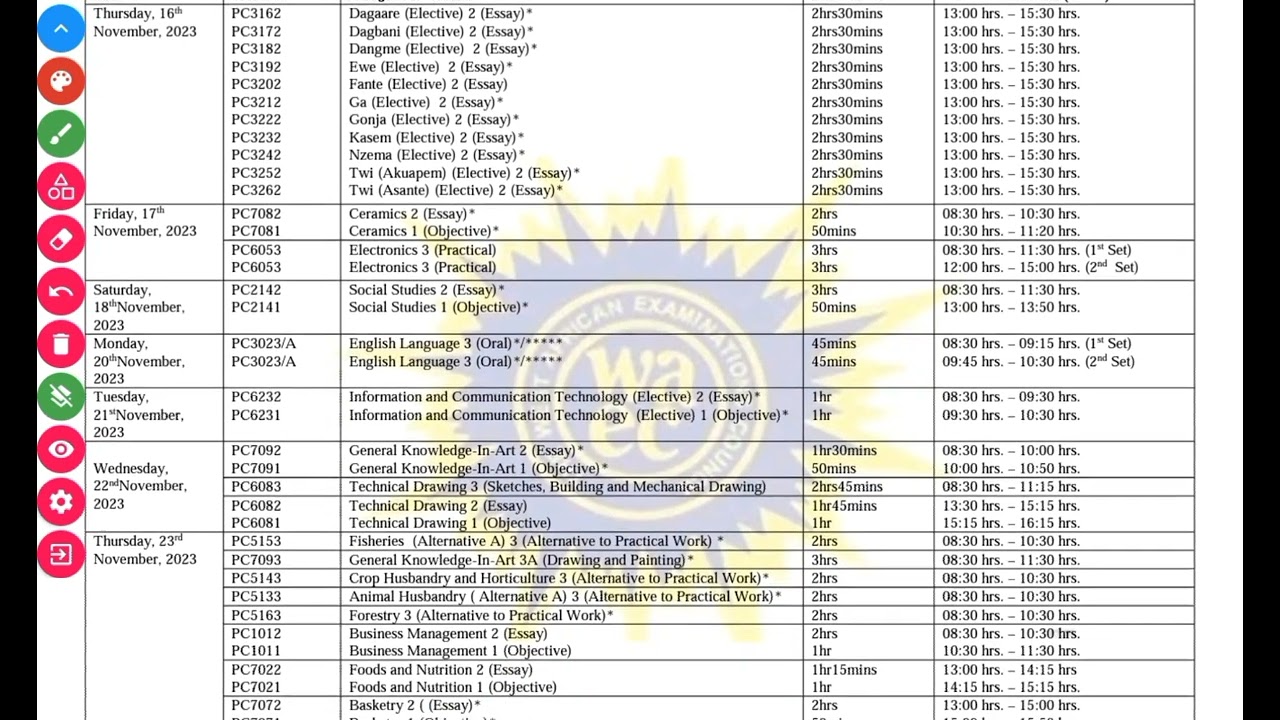 The 2023 NOVDEC Timetable| Private WASSCE