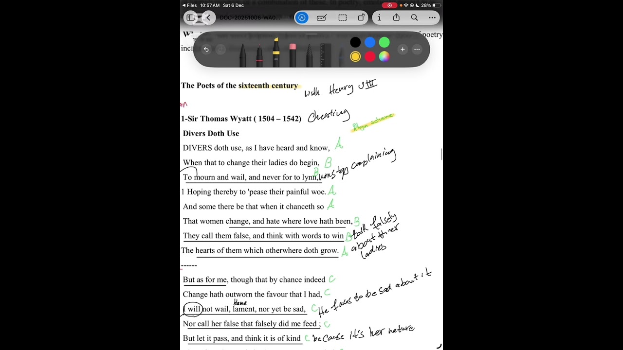 2nd year. Poetry, Sir Thomas Wyatt : Divers Doth Use