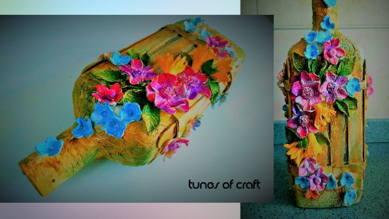 Bottle decoration tutorial with popstick  & clay flowers | clay art painting | altered bottle art