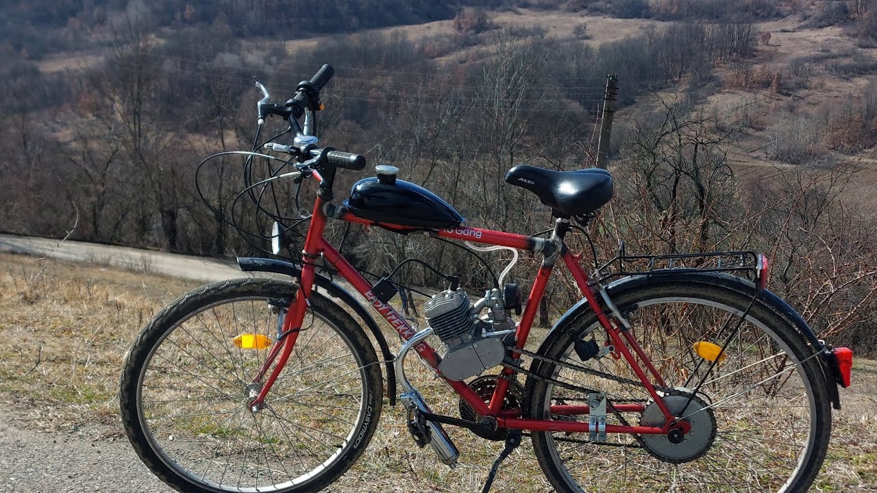 Bicicleta cu motor 80 cc pornire , prezentare , și urcare pe deal
