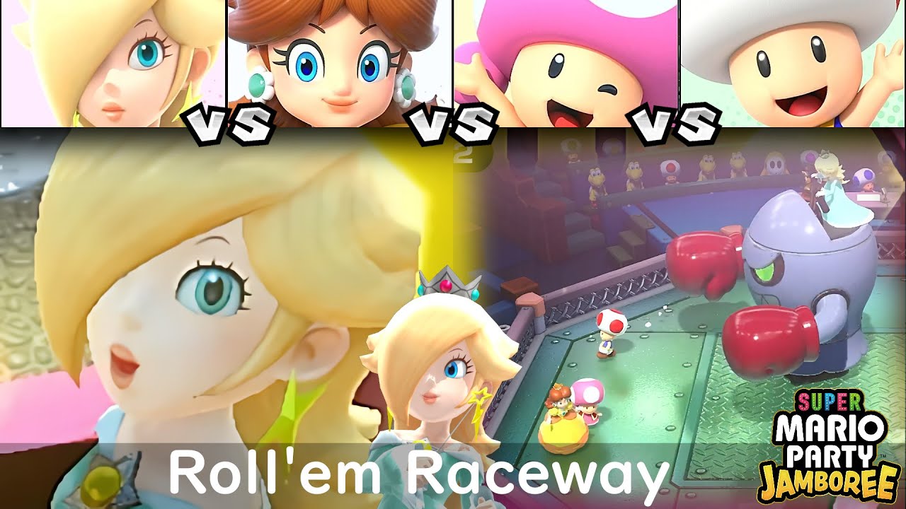 Super Mario Party Jamboree Rosalina vs Daisy vs Toadette vs Toad in Roll'em Raceway