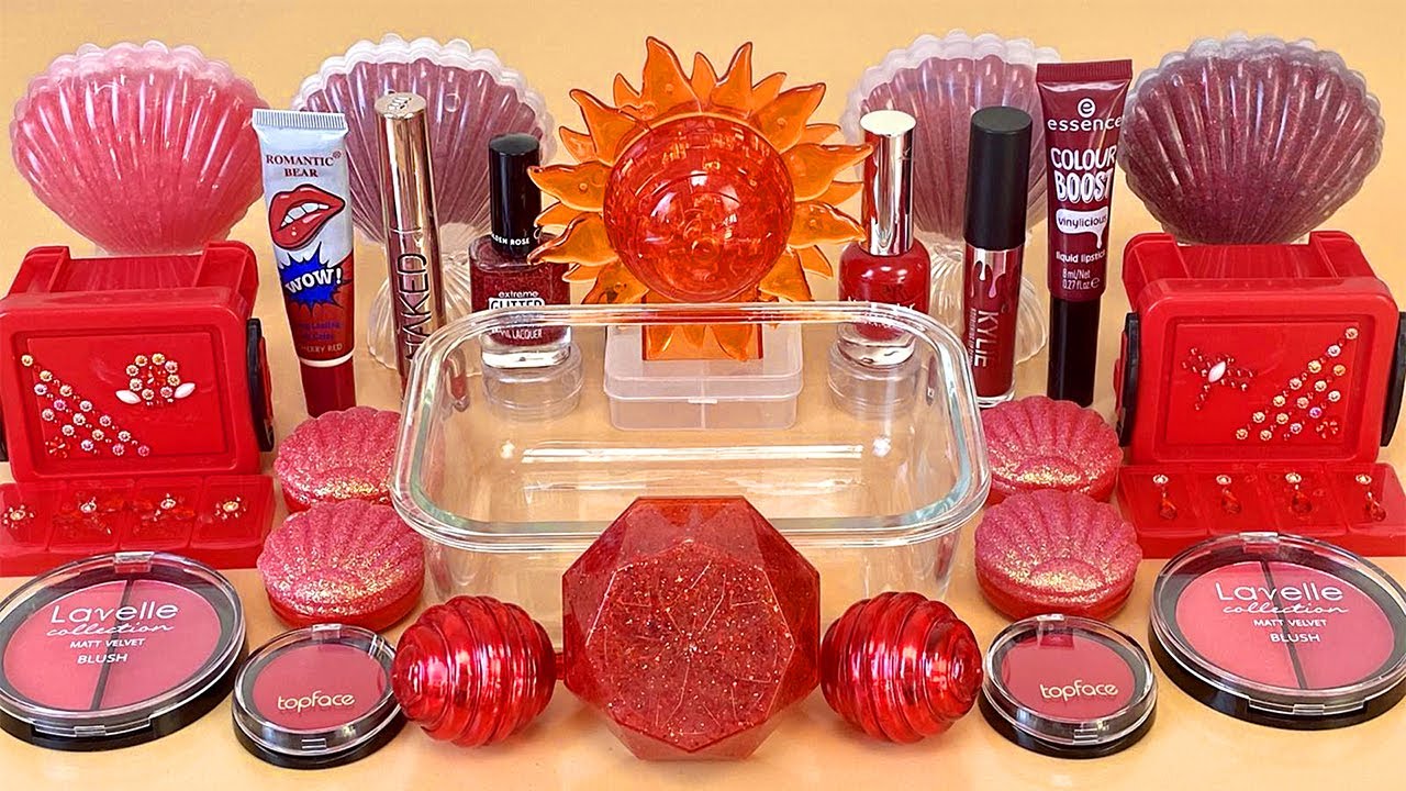 RED SLIME 💖 Mixing makeup and glitter into Clear Slime 100% ASMR Satisfying Slime Videos 1080p