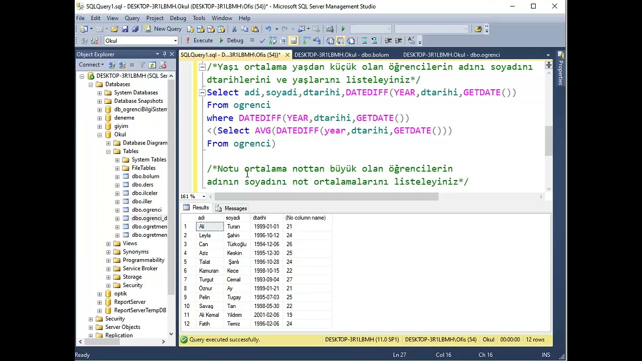 Veri Tabanı ve Y&ouml;netimi - SQL Server -8- Alt Sorgular (İ&ccedil; i&ccedil;e sorgular)