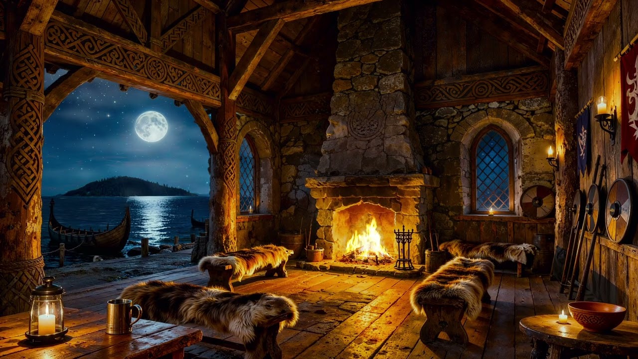 Viking Tavern Longhouse Fireplace ASMR | Crackling Fire Ambience | 8 Hours