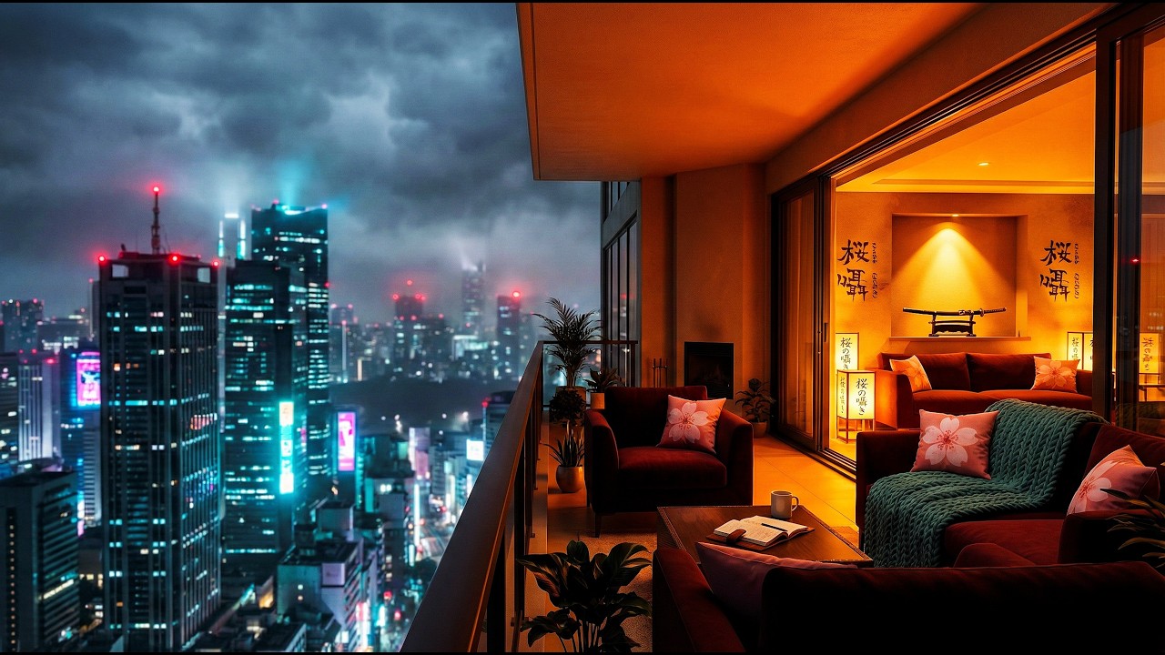 Rainy Night at a Cozy Tokyo Balcony 🌙 Relaxing Lofi Background Music