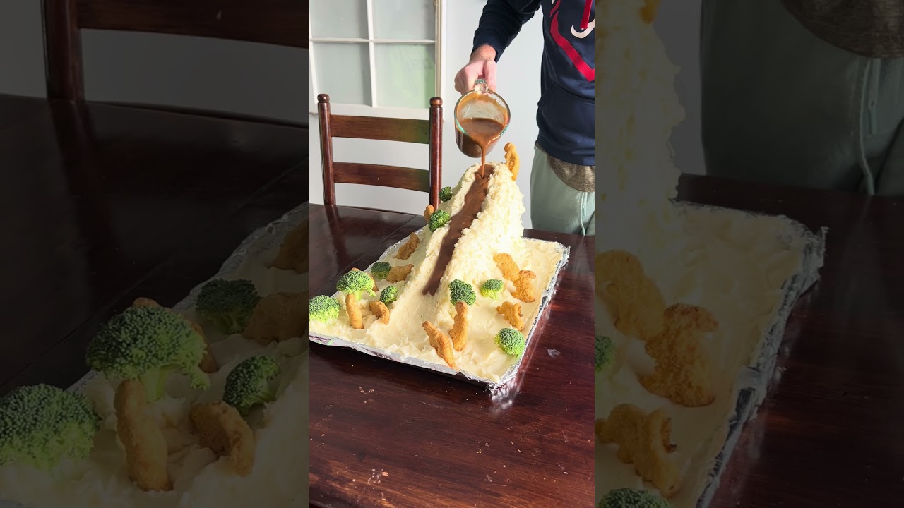 Family makes Mashed potato dinosaur volcano on a snowy day😂