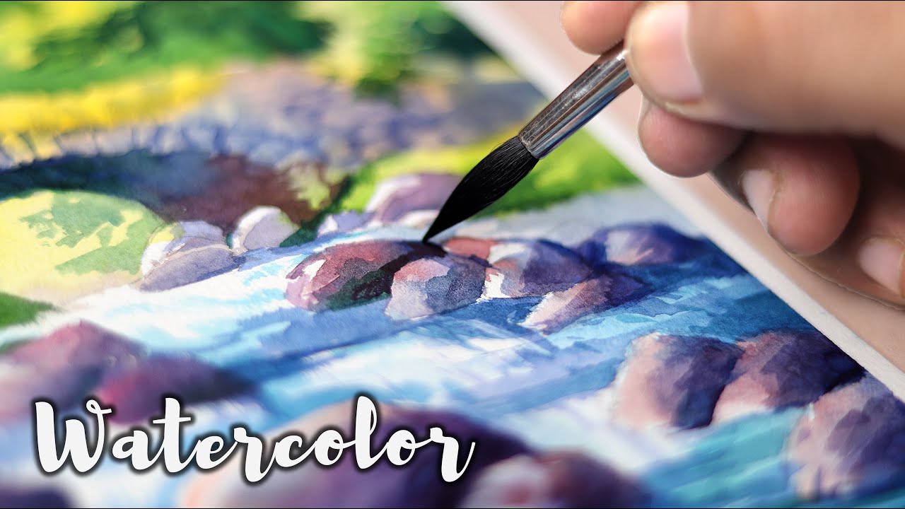 Beautiful Watercolor Painting of Rock Bridge over Stream and Tree leaves