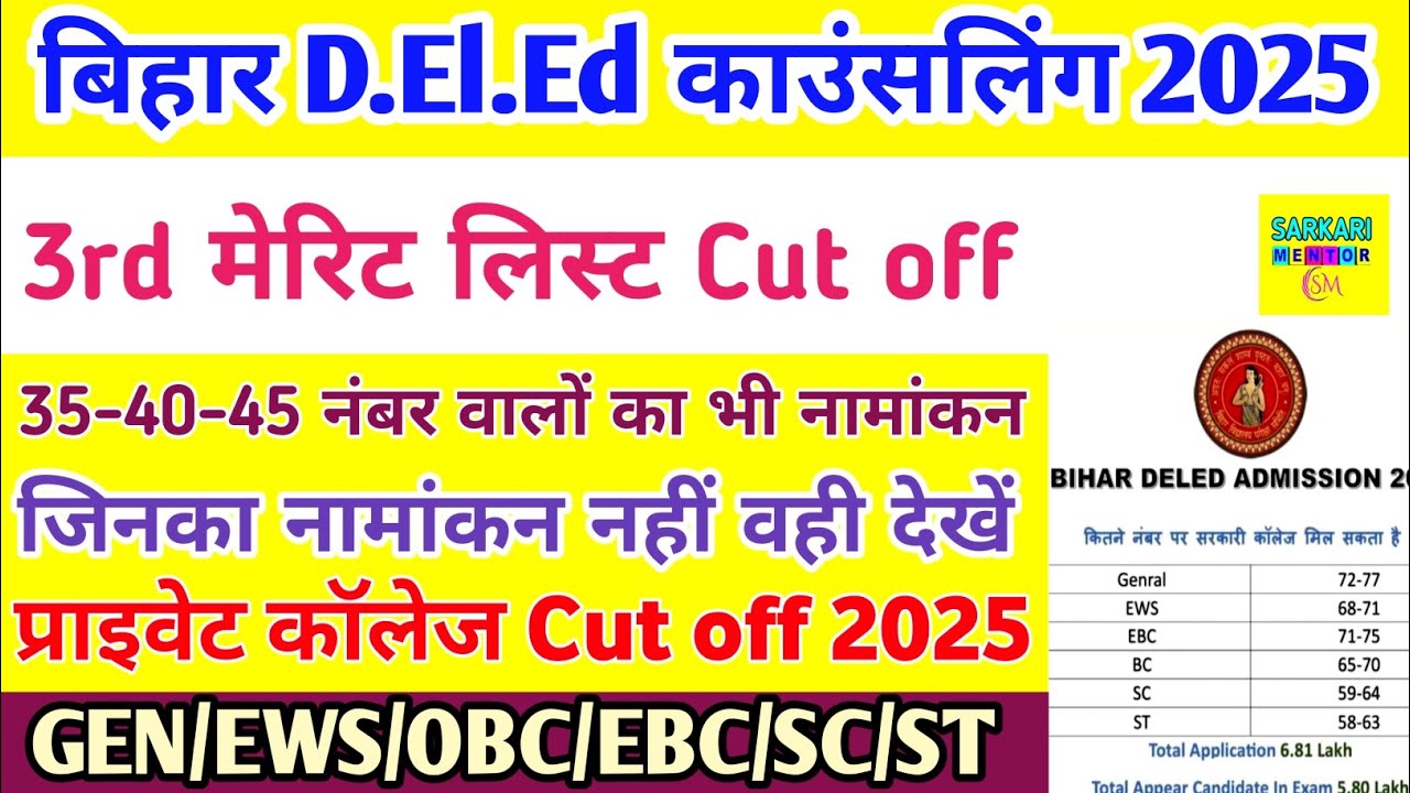 Bihar Deled 3rd Merit List Cut off 2025 | Deled Govt and Private Cut off 2025 | Deled Admission 2025