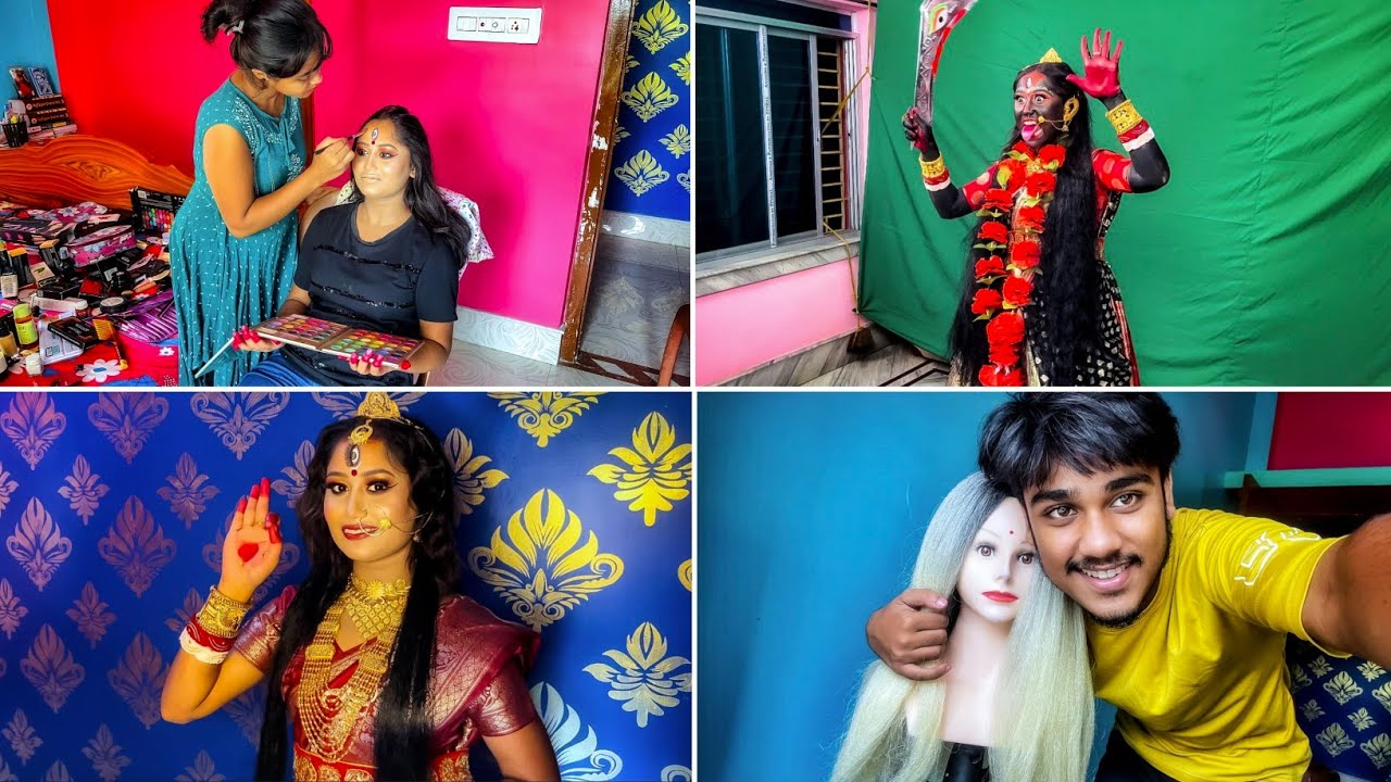 একই দিনে দুর্গা-কালী সাজলাম🥴😱কালী সেজে রাতে সবাইকে ভয় দেখালাম।💀🤣