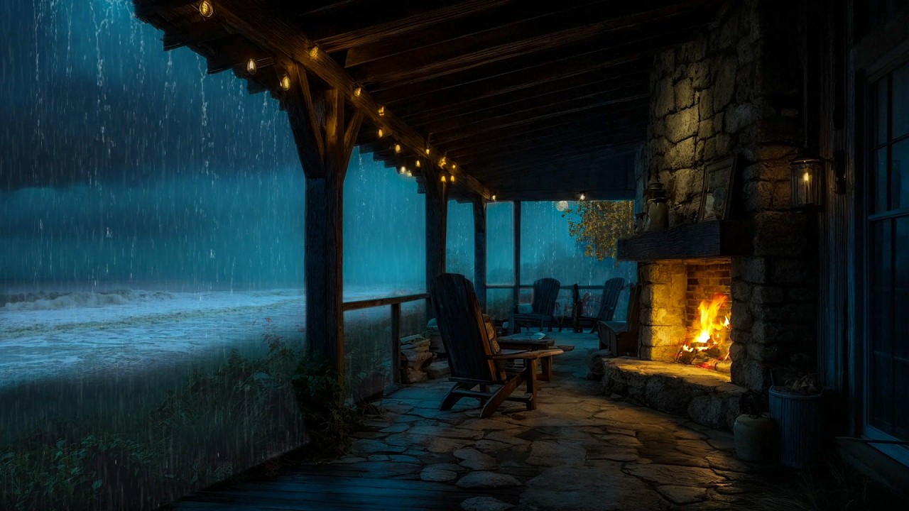 Rainy Night by the Sea Cabin | Gentle Rain, Soft Thunder & Cozy Fireplace Sounds for Sleep