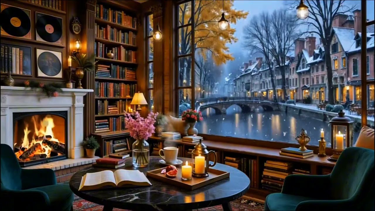 Afterhours Winter Coffee Shop Jazz ❄️ Snowy Canal View & Warm Fireplace for Study Focus 
