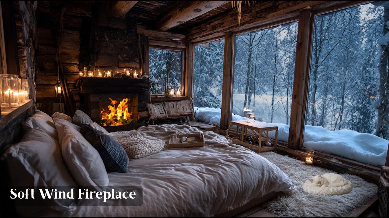 Relaxing Wind and Fireplace Sounds - Warm Cozy Ambience for Stress Relief | Soft Wind Fireplace