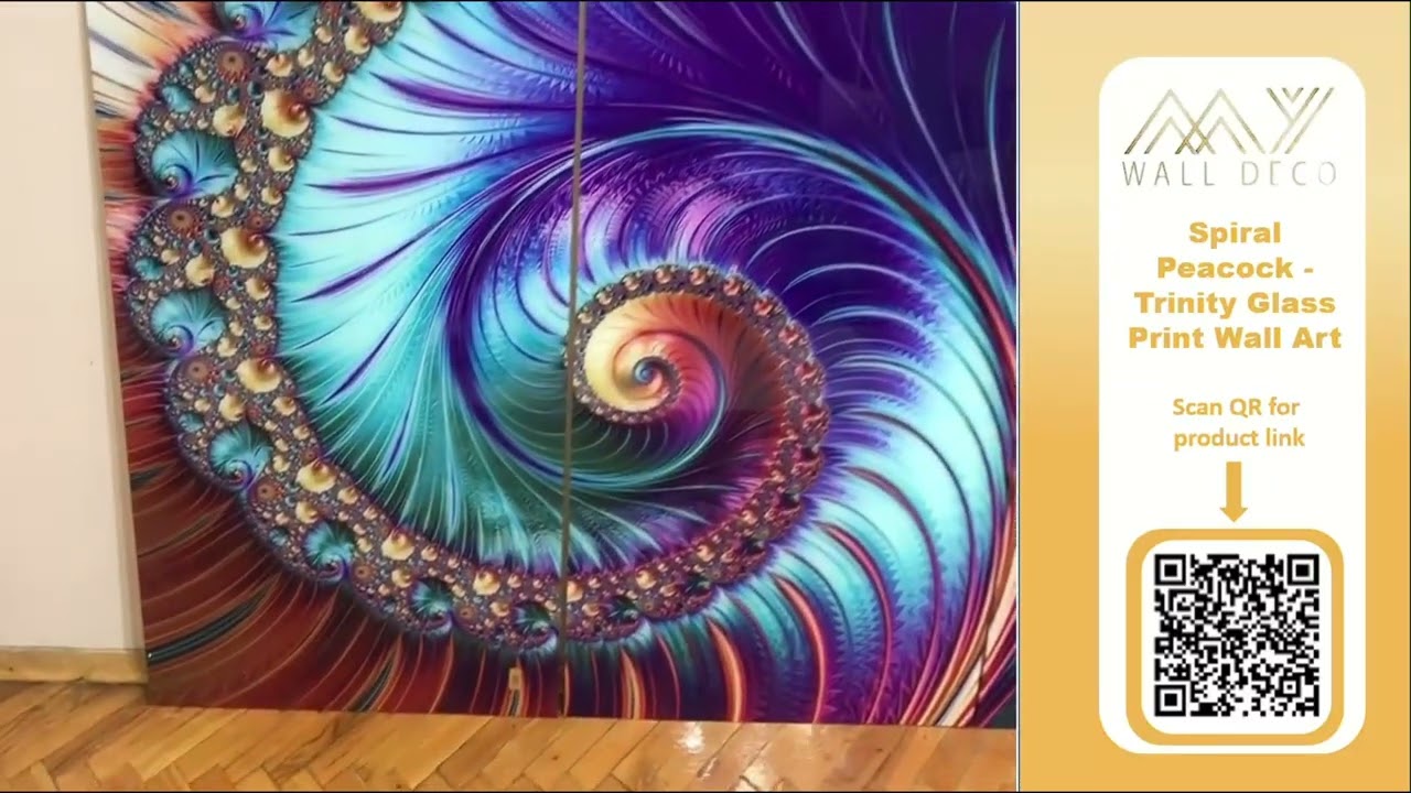 🌀🦚✨Peacock Spiral Trinity Glass Print: Enchant Your Home!🖼️🏠