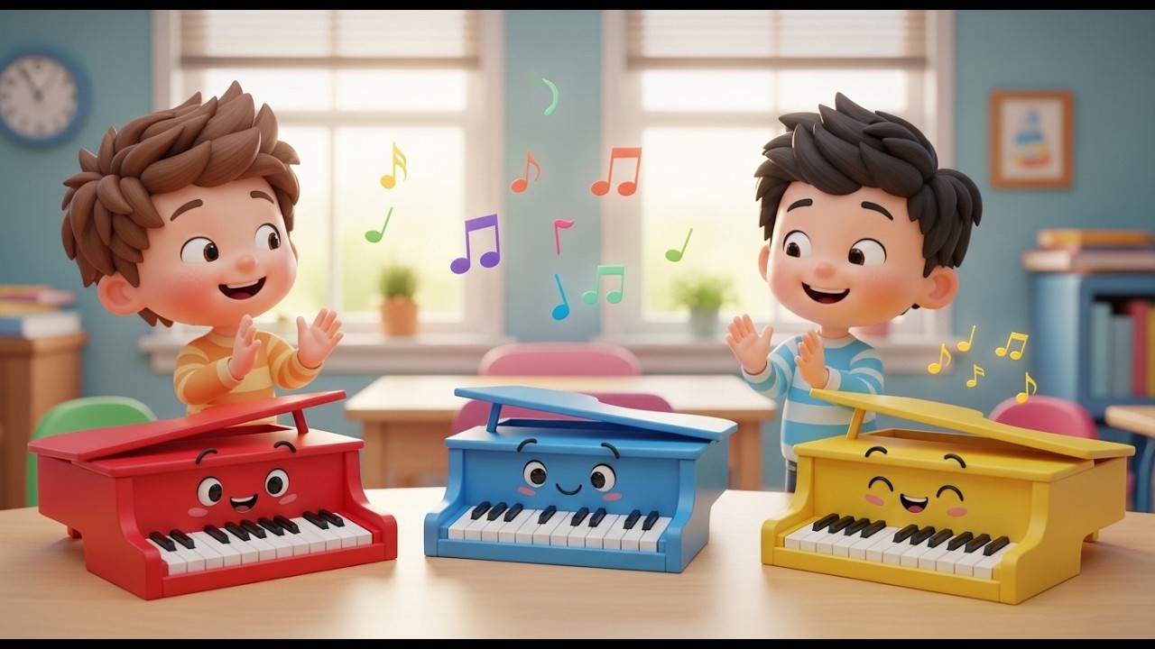 Três Pequenos Pianos de Brinquedo Ding Ding Ding | Canção Musical e Cores para Crianças