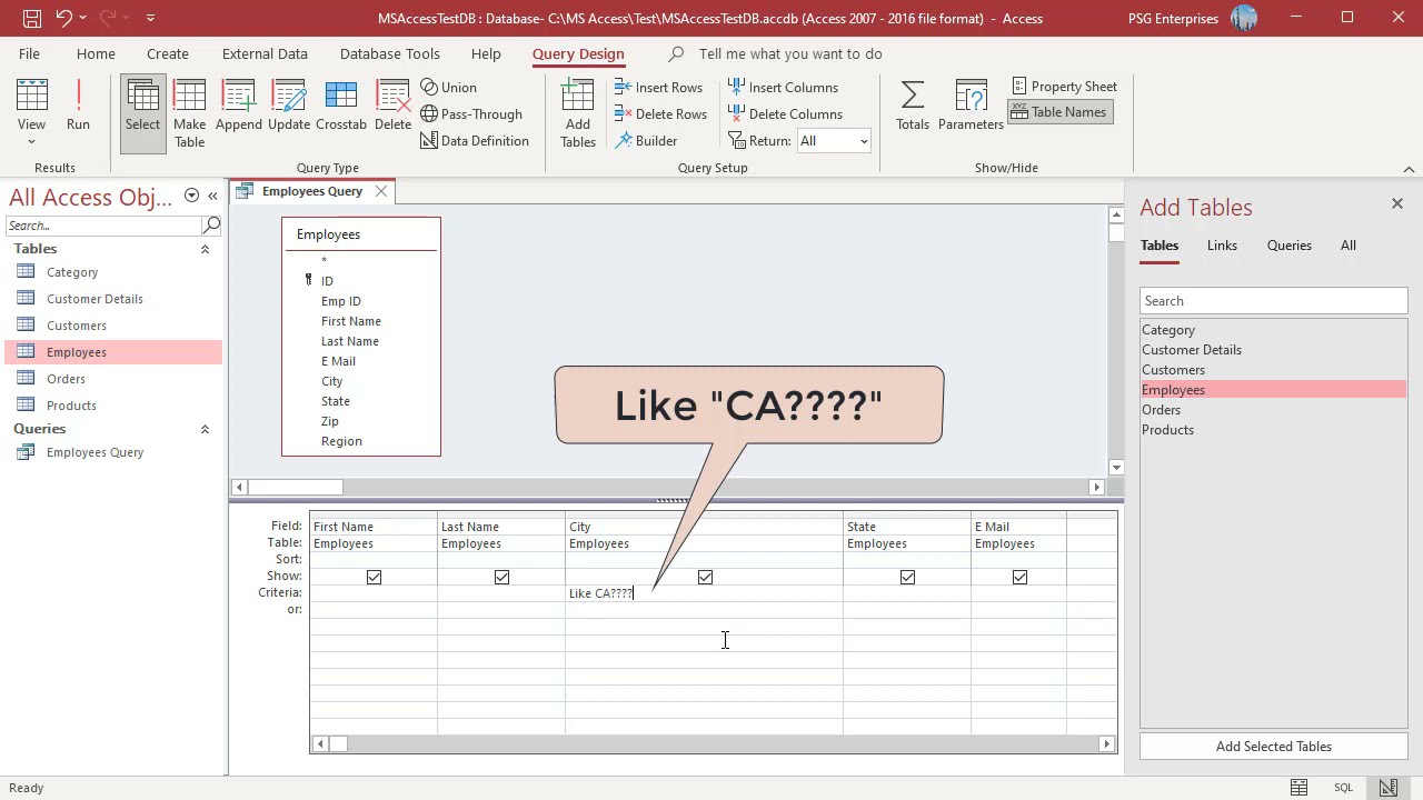 Criteria for Text fields in Query in MS Access - Office 365