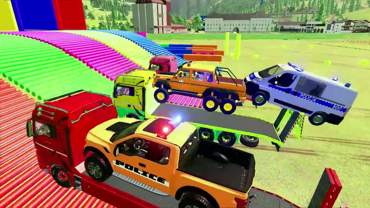 TRANSPORTING ALL COLOR OF MINI TO BIG POLICE CARS, AMBULANCE WITH TRUCKS !! Farming Simulator
