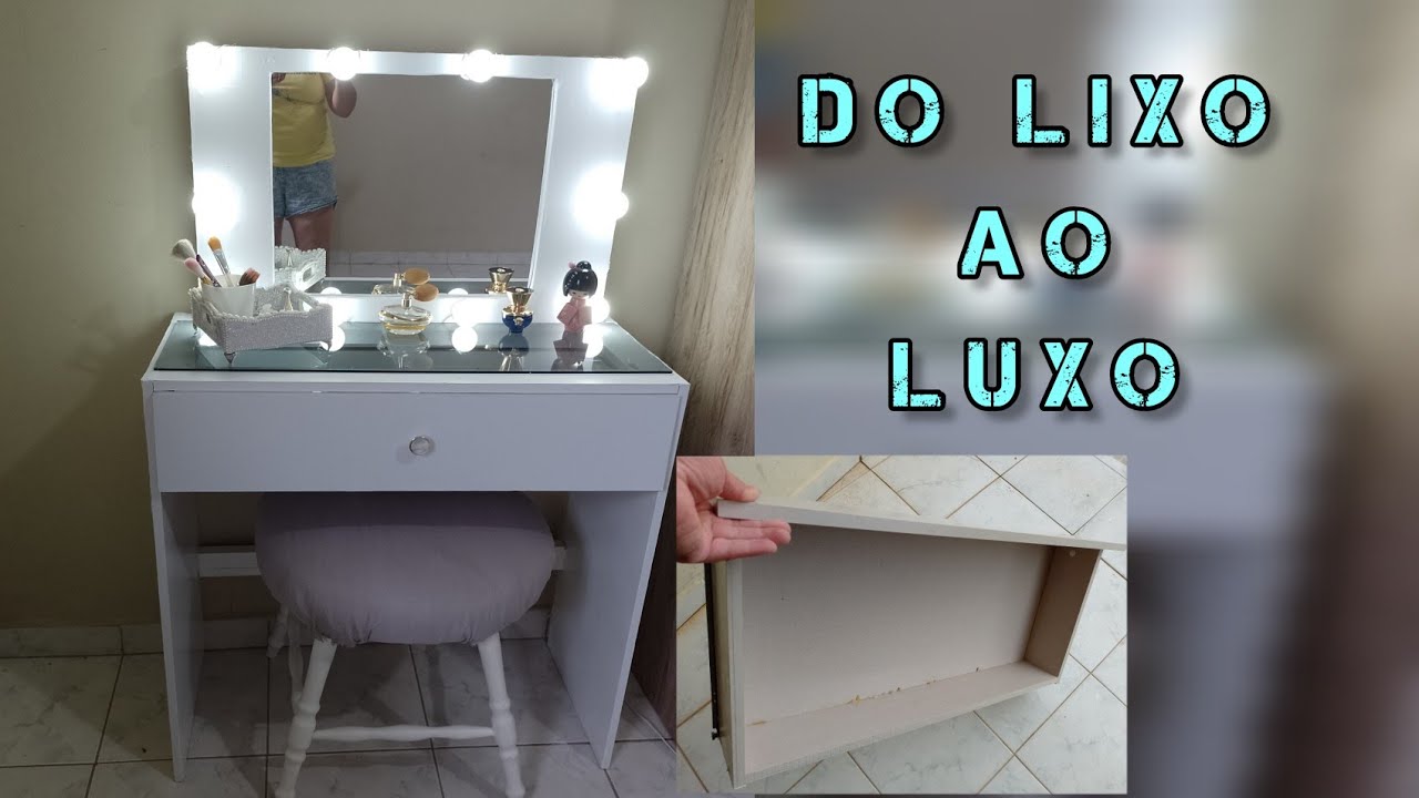fiz minha penteadeira usando gaveta e madeiras que encontrei no lixo.