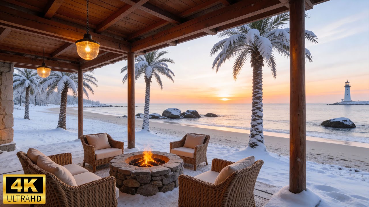 Snowy Winter Beach Ambience ❄️ Relaxing Piano Music with Ocean Sounds & Cozy Fireplace for Foucs
