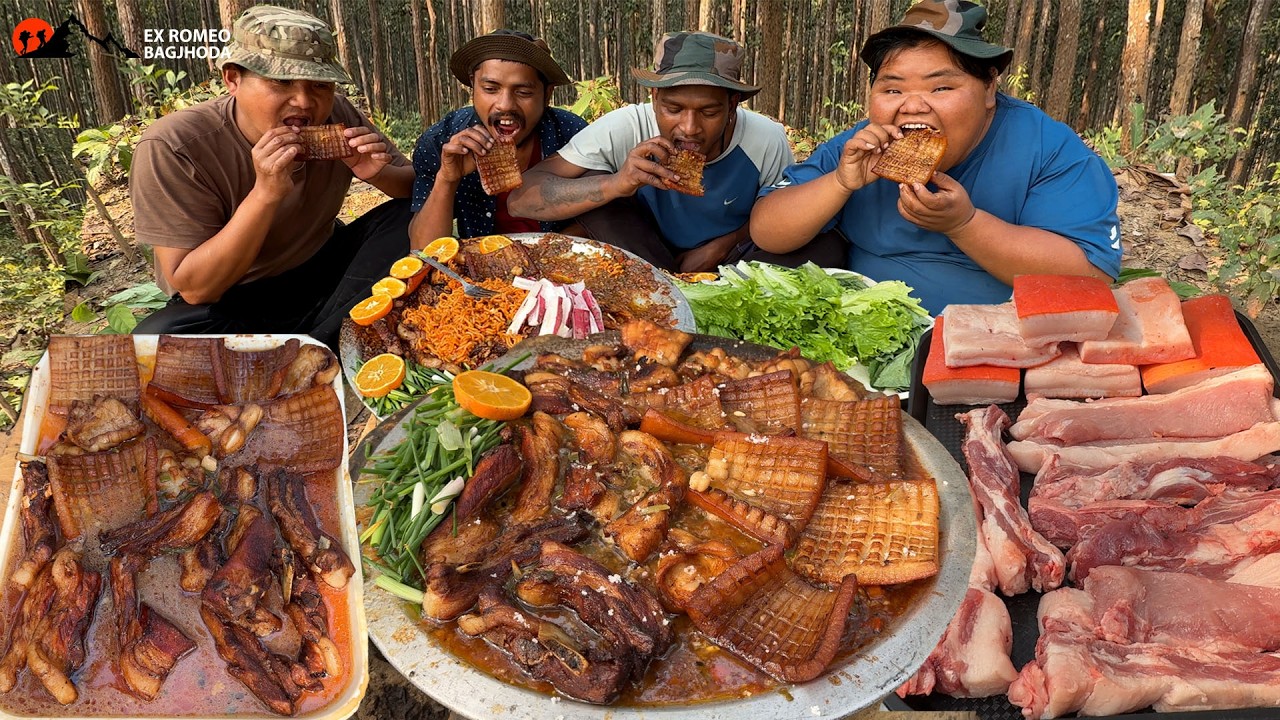 Best Ever Pork Chops Pork Belly Ribs Boil and Fry Korean Style Wildness Cooking and Eating in Jungle