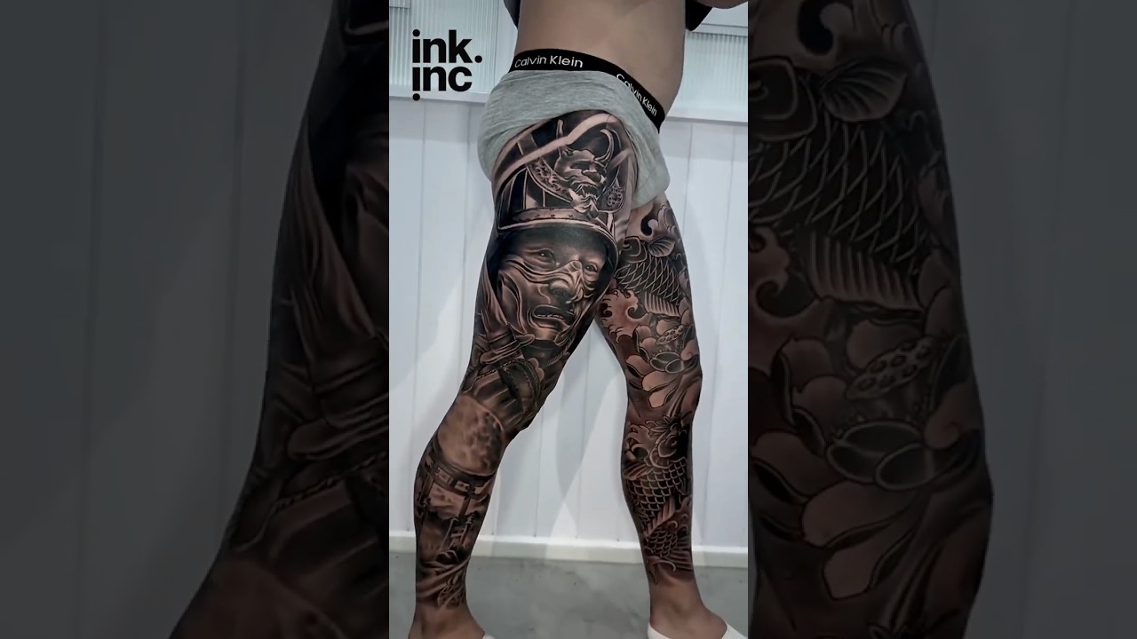 Epic Japanese Samurai Leg Sleeve Tattoo | Black & Grey Realism Masterpiece