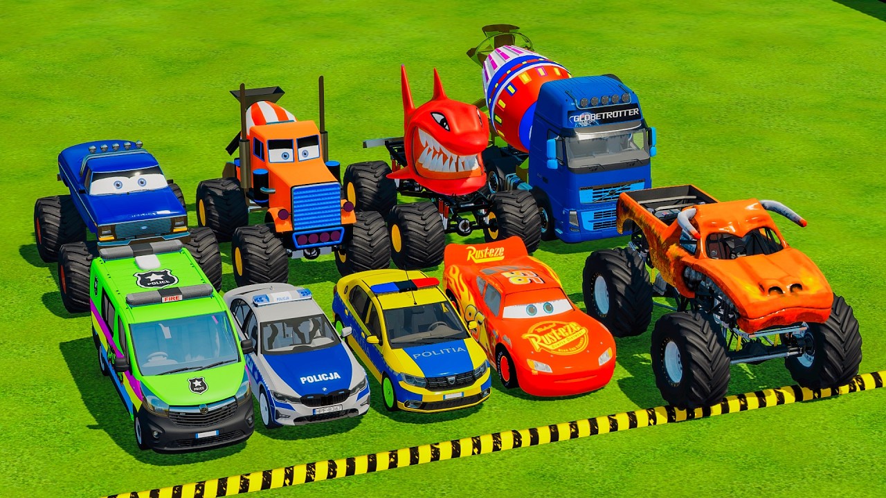TRANSPORTING POLICE CARS, MONSTER TRUCK, FIRE TRUCK, COLORFUL CARS WITH TRAIN - FS22 #257