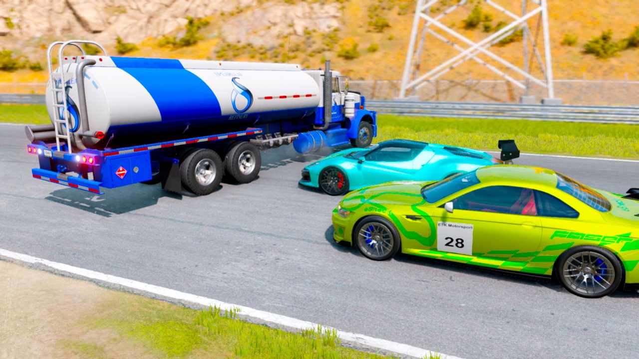 Double Flatbed Trailer Truck vs Speedbumps Train vs Cars | Tractor vs Train Beamng.Drive