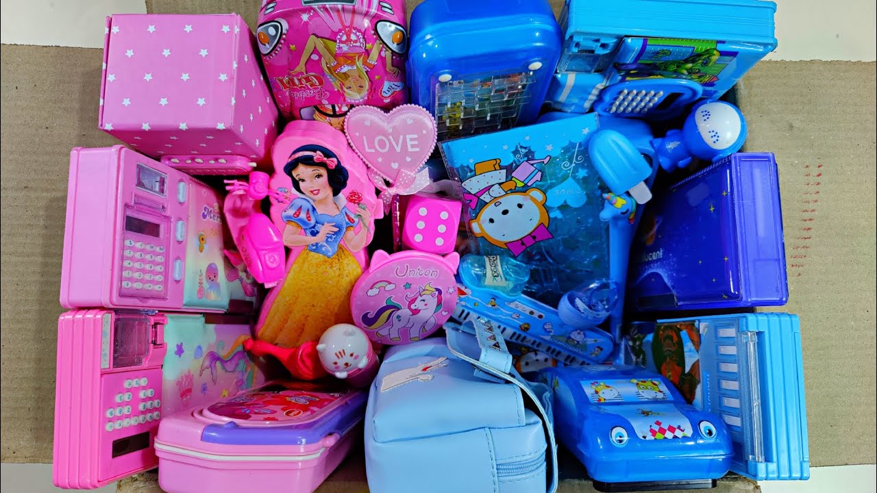 blue stationery vs pink stationery, collection of pencil case, art supply, eraser, DIY stationery