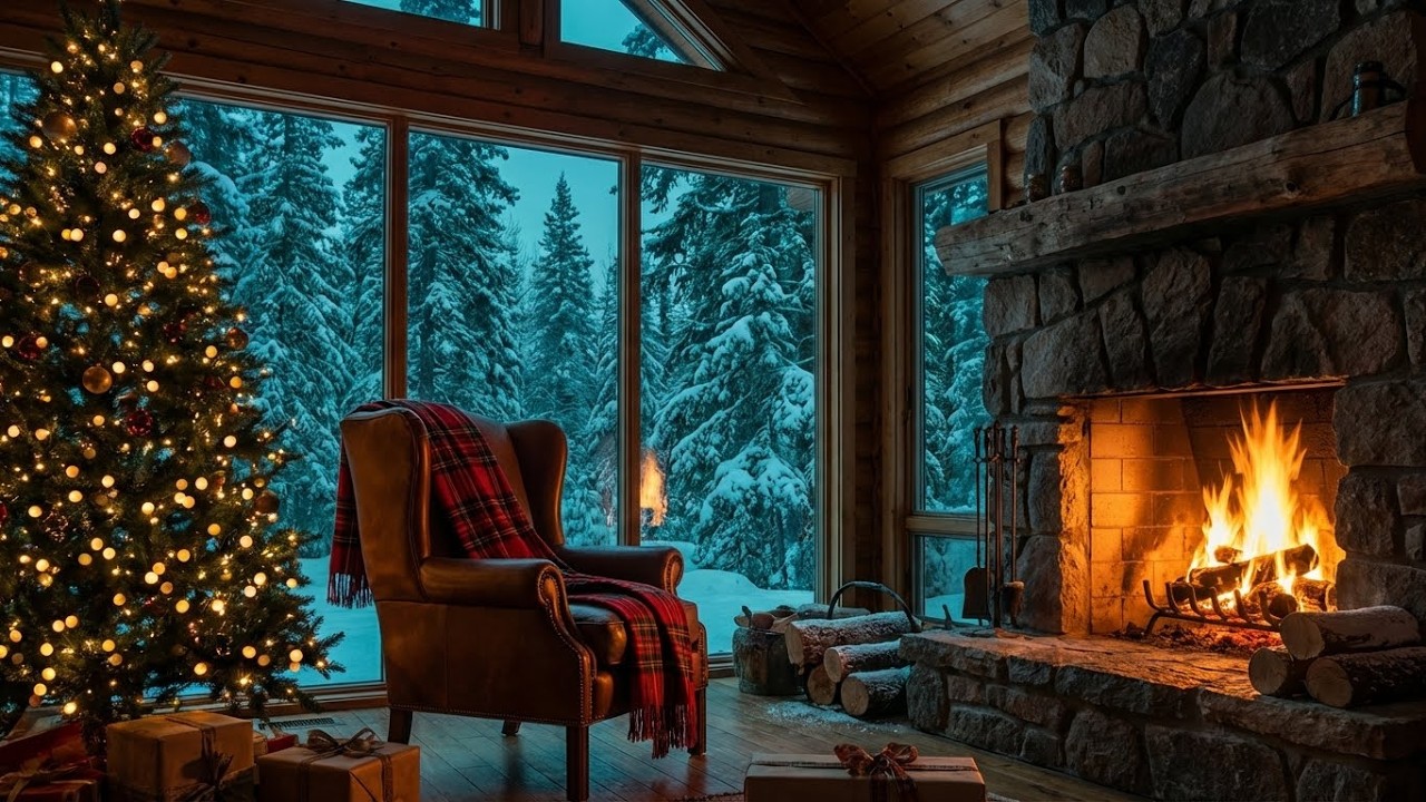 Winter Forest Cabin with Relaxing Music & Fire Sounds