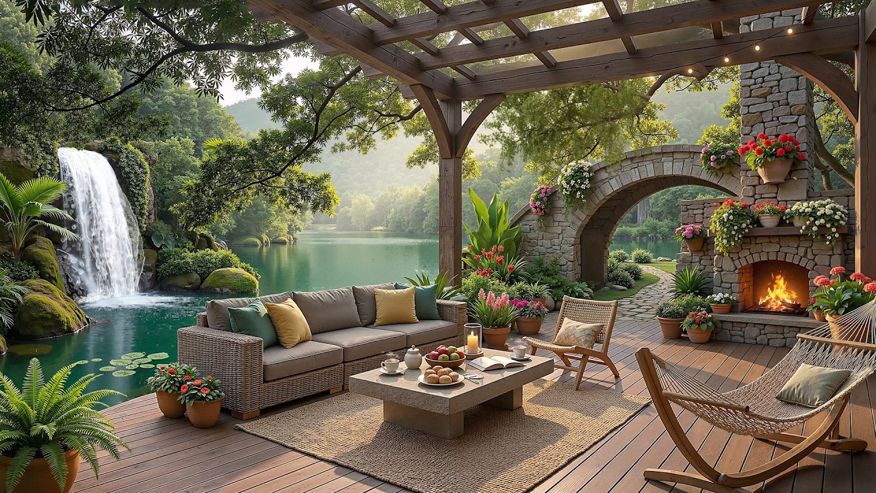 Relaxing Jazz in Cafe Outdoor Ambience☕Soft Morning Jazz with Tranquil Lake Views for Positive Moods