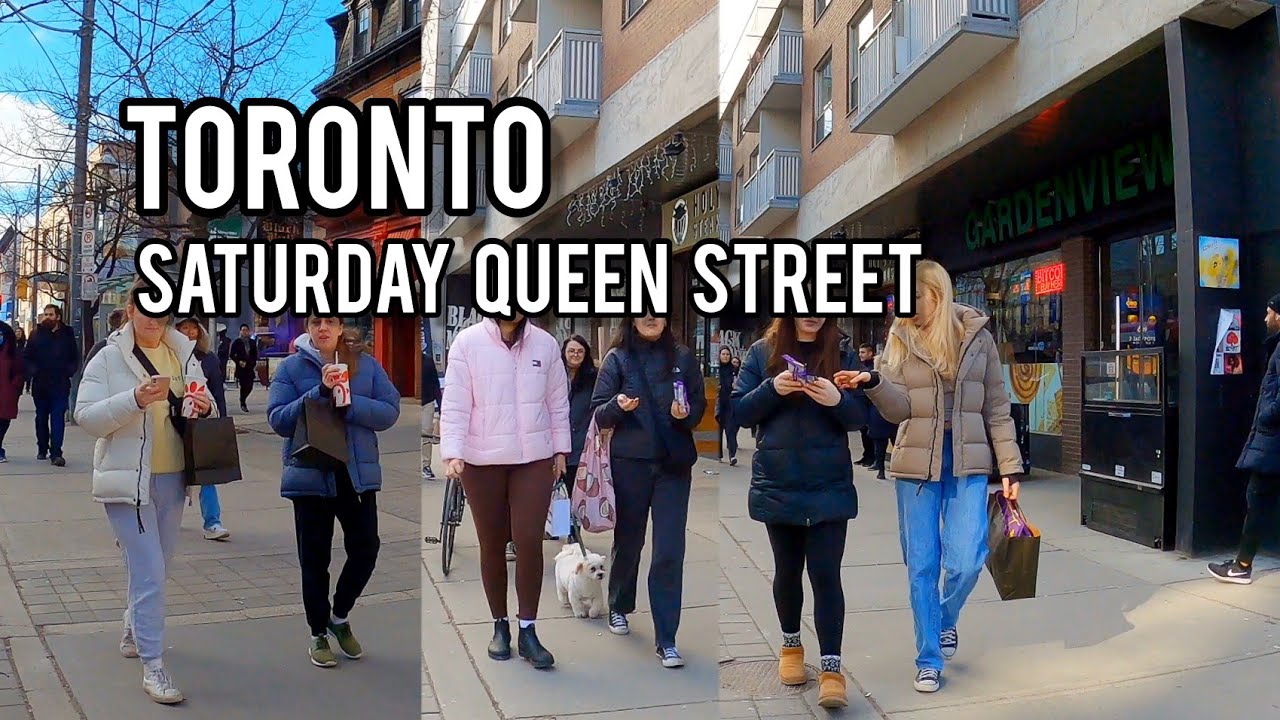 Toronto Saturday Queen Street Downtown walking Tour Canada 4K