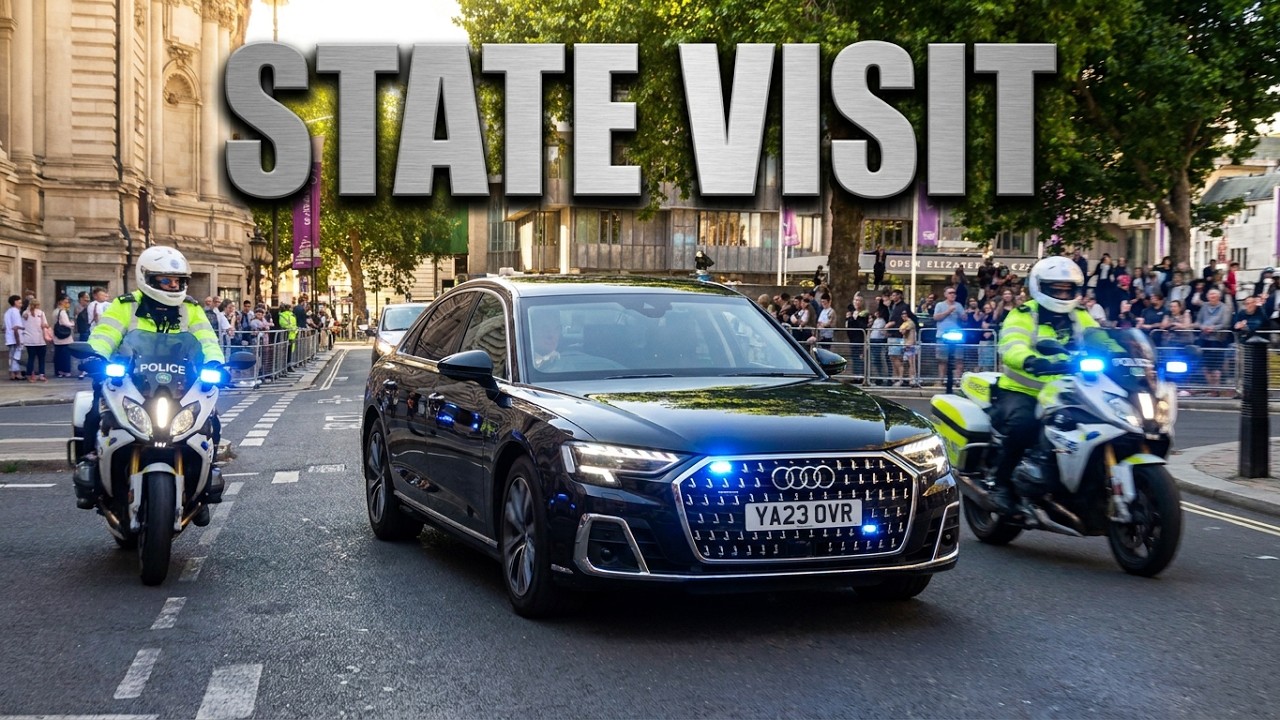 Police escort French President to Westminster Abbey and Parliament during UK state visit