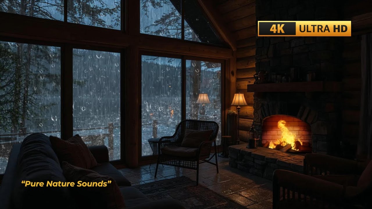 Cozy Lakeside Cabin Ambience 🌧️ Heavy Rain & Fireplace Sounds for Deep Sleep and Insomnia Relief