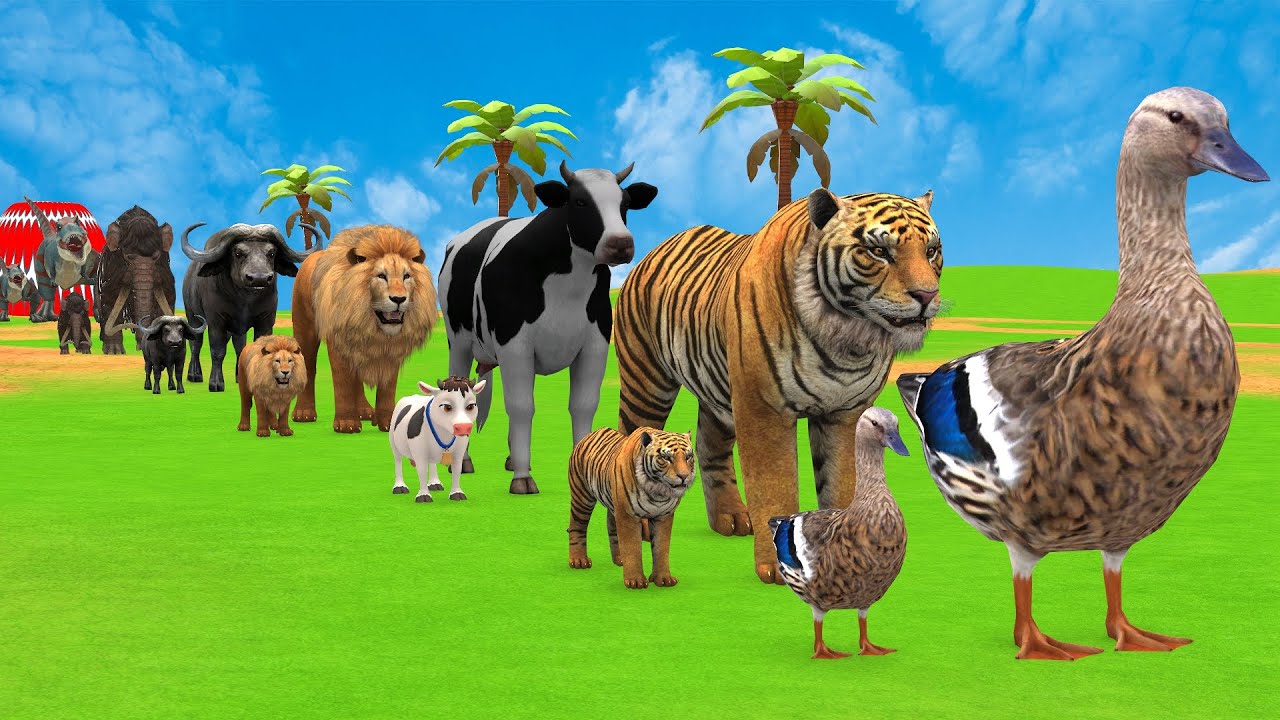 Long Slide Game with Cow Elephant Gorilla Hippopotamus Tiger 3d Animal Game Funny 3d Animals