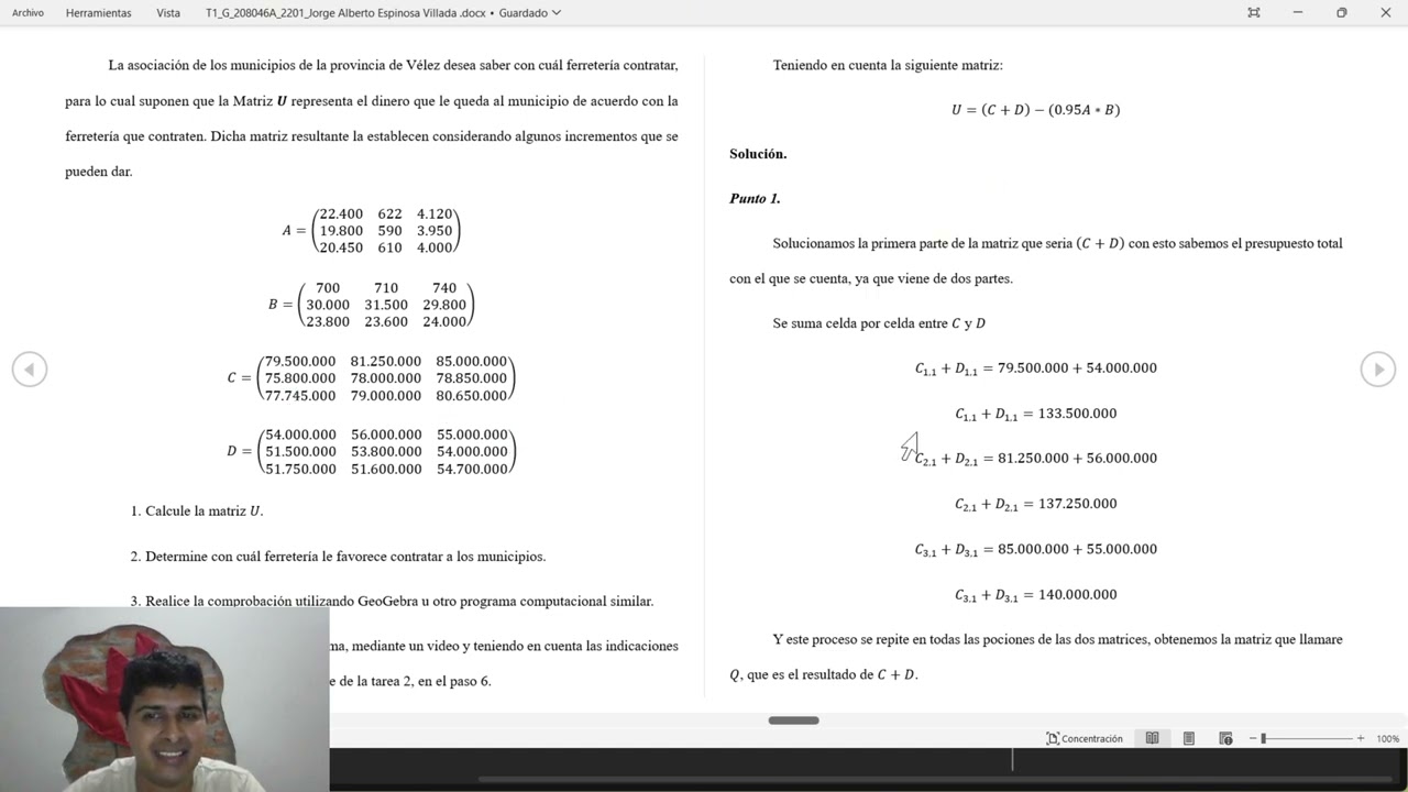 Problema de aplicación con operaciones entre matrices