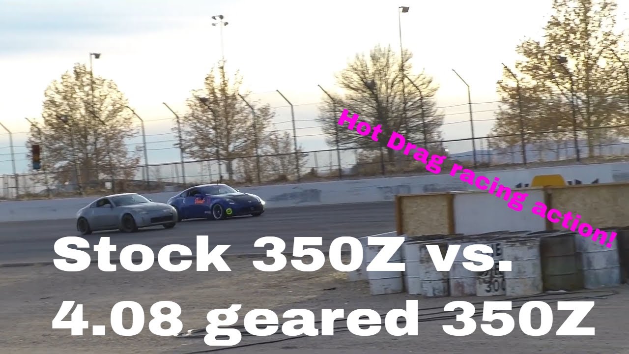 Stock 350z vs 4.08 geared 350z drag racing action! OMG
