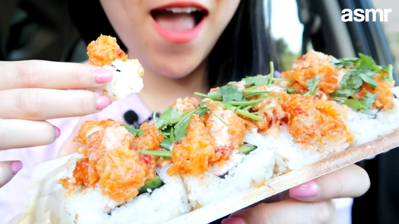 ASMR (Whisper) - Spicy Scallop Roll Sushi | Eating Sounds | Car Mukbang 먹방