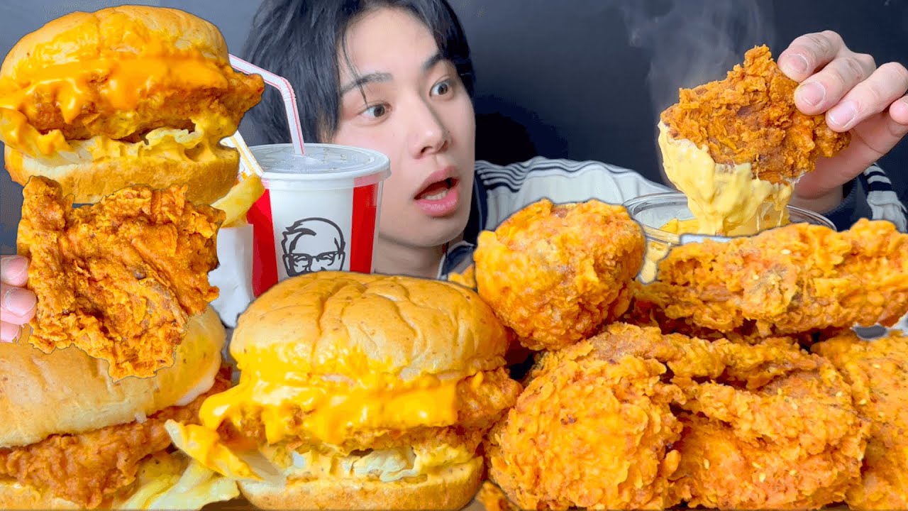 [新作]KFCの韓旨ホットチキンとチーズに溺れてみた [Mukbang/Eating Sounds]飯テロモッパン