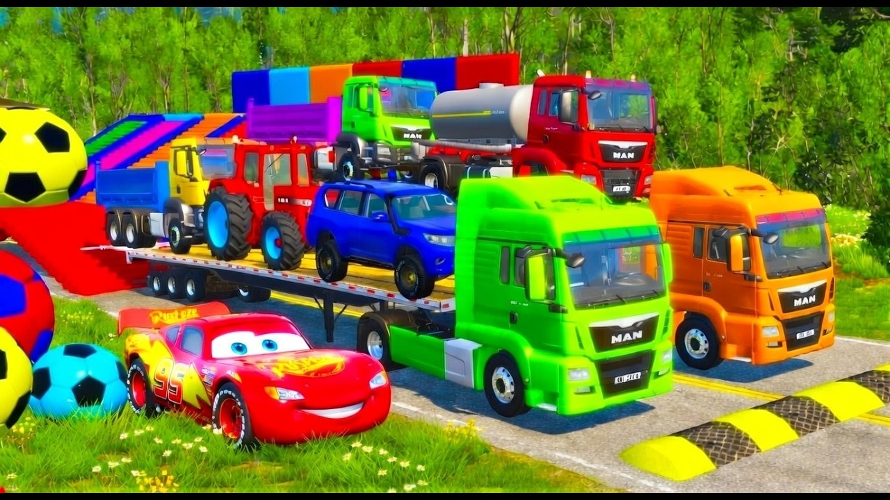 TRANSPORTING PIXAR CARS & FRUITS WITH COLORED & JOHN DEERE vs CLAAS vs TRACTORS - BeamNG.drive