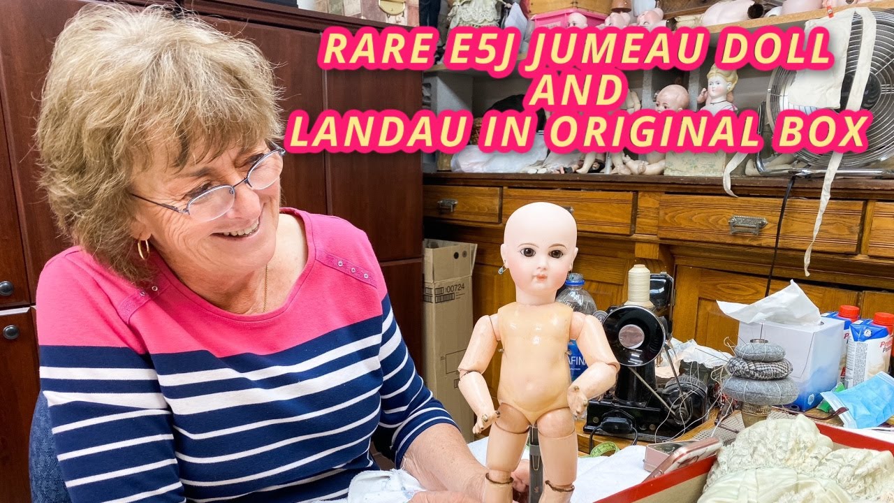 ANTIQUE E5J JUMEAU DOLL AND EARLY LANDAU WITH GOAT IN ORIGINAL BOX