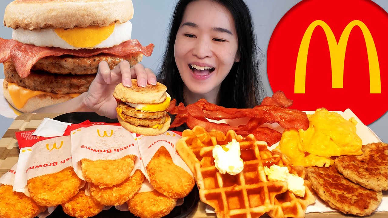 McDonald's Breakfast Waffles Platter! Belgian Waffles, McMuffin Bacon Stacker & Hash Browns Mukbang