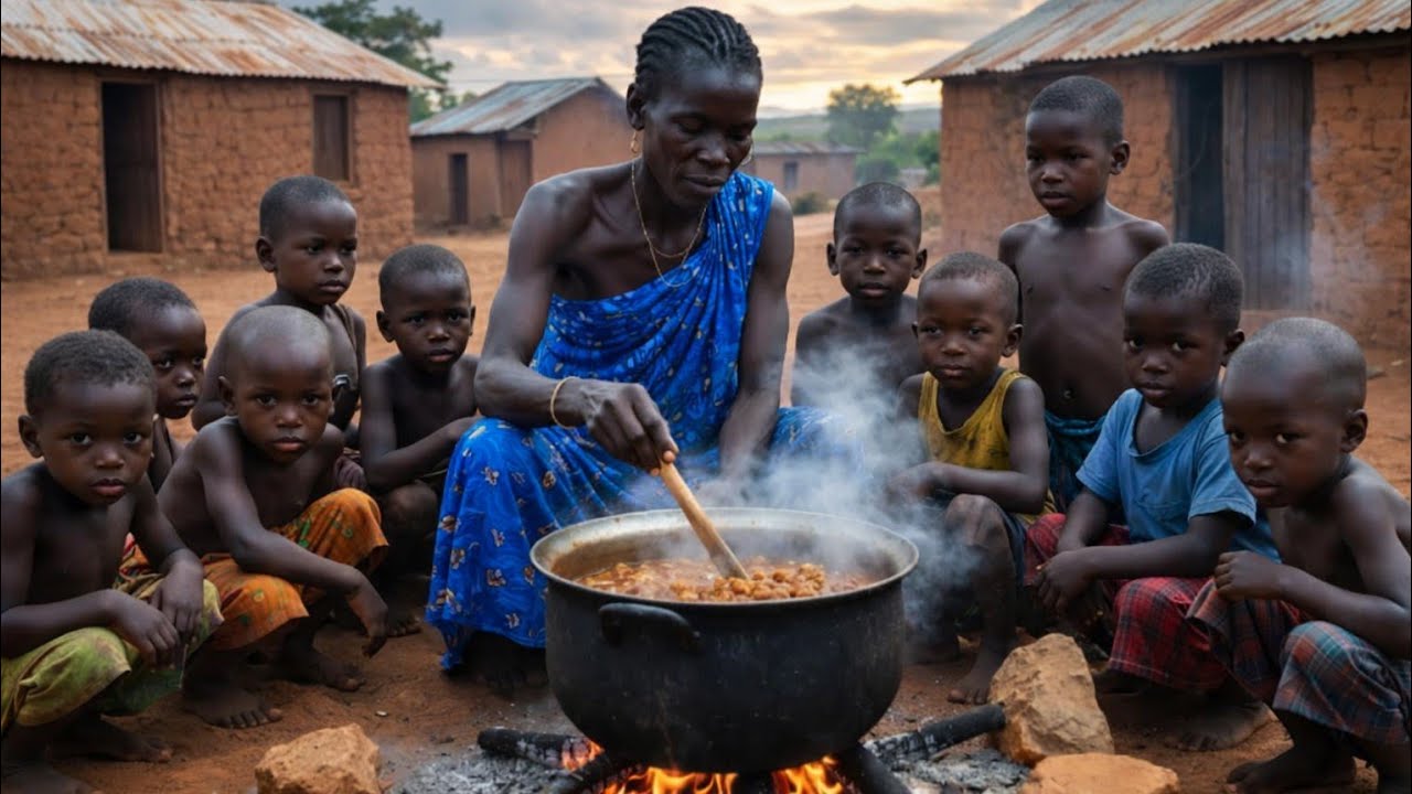 Strong African village mother feeds her hungry  big family